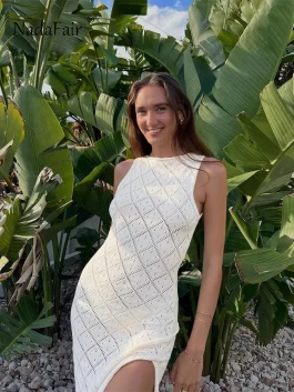 Nadafair Women Hollow Out Crochet Knitted Dress, Beach Slim Sleeveless, O Neck, Sexy Summer Party 2023