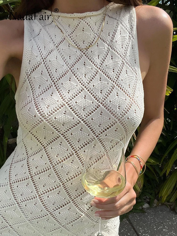 Nadafair women hollow out crochet knitted dress, beach slim sleeveless, o neck, sexy summer party 2023